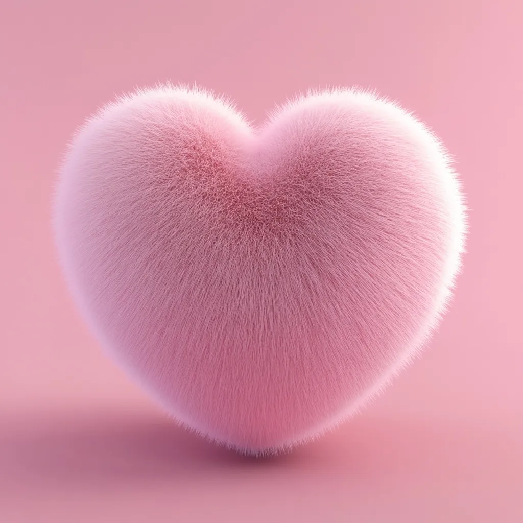 Here's a description of the image:

The image shows a fluffy, heart-shaped object rendered in a pale pink hue. The texture is reminiscent of fur or soft plush material, with individual strands visible, giving it a soft, cuddly appearance. The heart sits centrally against a matching pink background, enhancing the overall soft and romantic aesthetic. The lighting is even and soft, minimizing shadows and emphasizing the texture of the heart. The overall impression is one of sweetness and gentle affection.