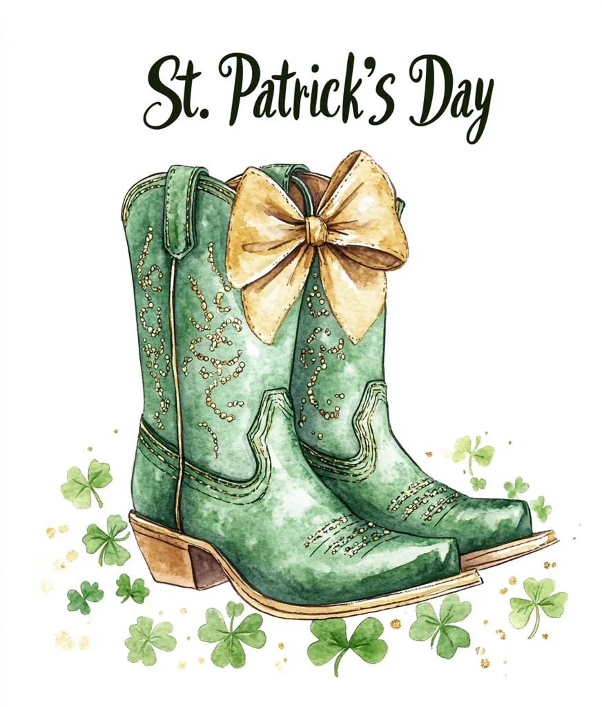 Here's a description of the image:

A watercolor illustration celebrating St. Patrick's Day features a pair of green cowboy boots adorned with gold detailing.  A large, golden bow is tied around the tops of the boots.  The boots rest on a white background scattered with shamrocks and gold sparkles, adding a festive touch. The phrase "St. Patrick's Day" is elegantly written at the top.  The overall style is whimsical and charming, perfect for a holiday greeting card or festive decor.