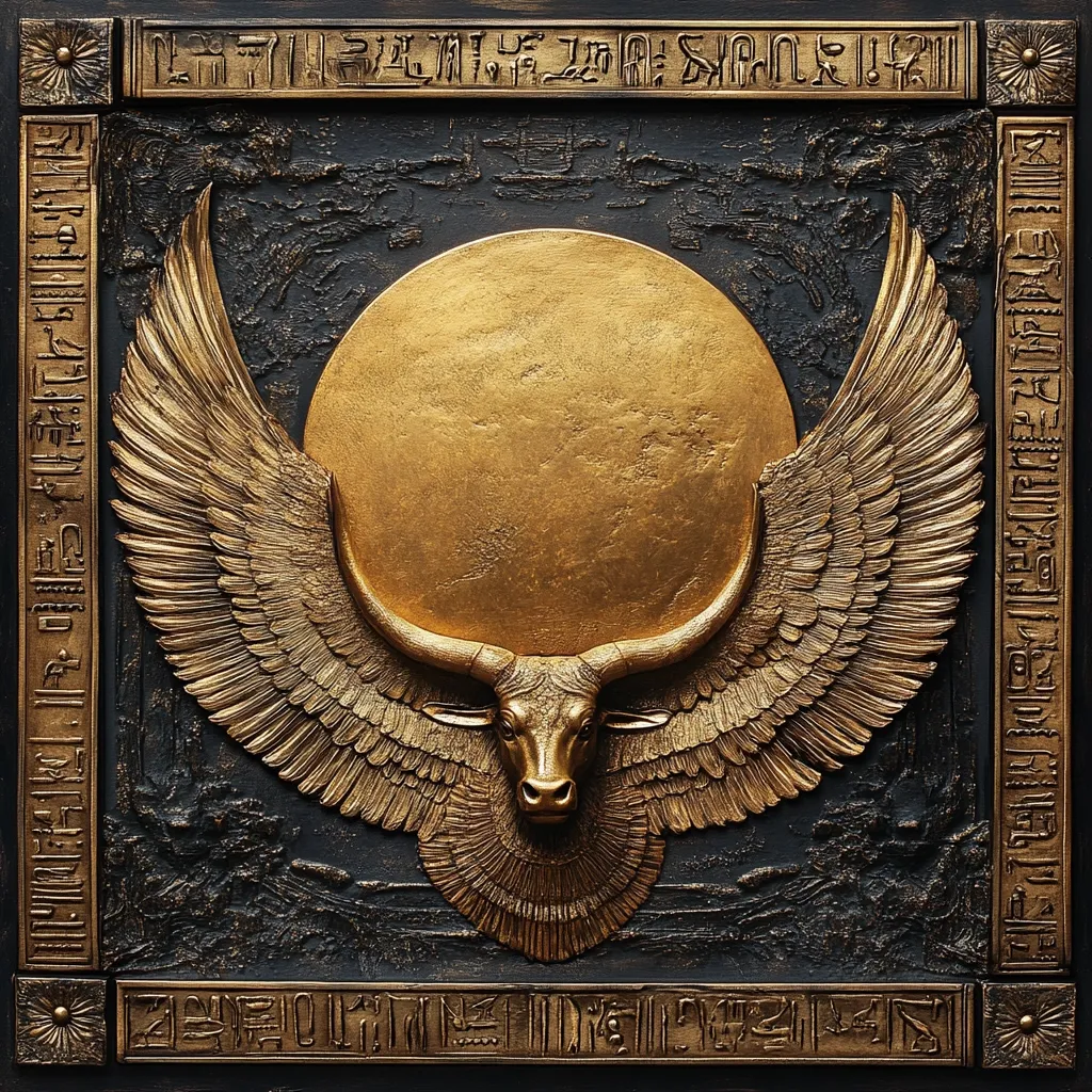 Here's a description of the image:

The image shows a square, ornate relief sculpture.  A gold-colored bull's head, central to the composition, is flanked by large, outstretched golden wings, reminiscent of an Egyptian deity.  Behind the bull is a large, circular, gold disk. The entire relief is set against a dark, textured background with raised detailing suggesting a landscape or hieroglyphic patterns. The outer border of the square features inscriptions resembling ancient Egyptian hieroglyphs, adding to the piece's mythological and artistic significance. The overall style is evocative of ancient Egyptian art and iconography.