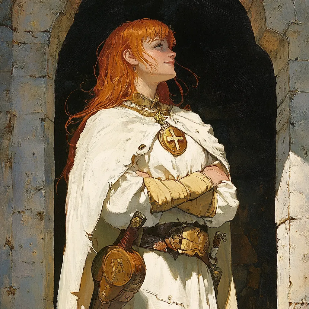 A painting depicts a young woman with vibrant, long ginger hair, standing in a stone doorway. She wears a flowing white robe, a gold cross pendant, and a leather belt with sheathed daggers. Her arms are crossed, and her gaze is directed upward and to her right. The style suggests a fantasy or medieval setting, with a painterly texture emphasizing light and shadow. The woman appears serene yet subtly strong, possibly a knight or religious figure. The overall mood is contemplative and hopeful.
