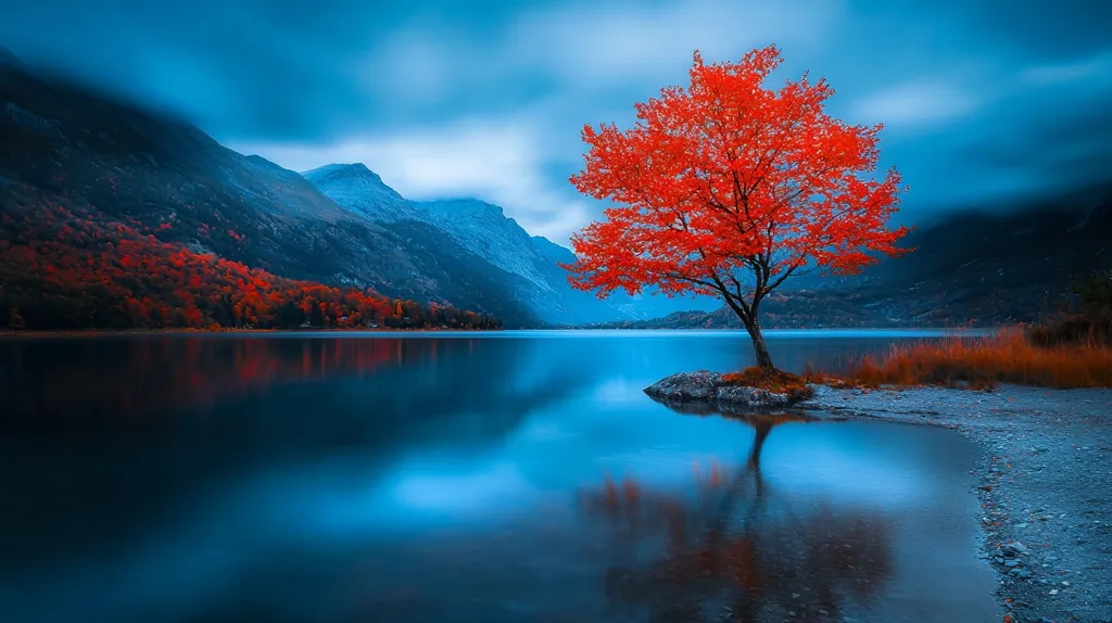 A vibrant crimson tree stands alone on a small, rocky islet in a serene, deep blue lake.  The water reflects the tree and the surrounding mountains, creating a mirror-like effect. Autumnal colors paint the hillsides in shades of red and orange.  The sky is a moody, dark blue, enhancing the dramatic contrast between the tree's fiery foliage and the cool tones of the landscape. The overall mood is one of peaceful solitude and breathtaking natural beauty.