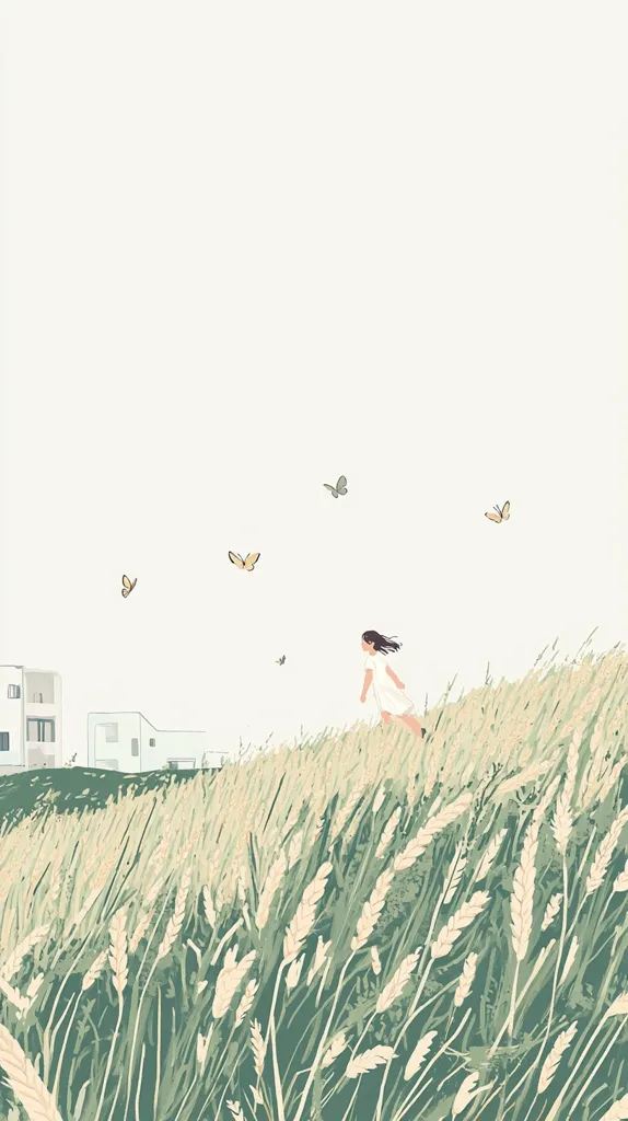 A girl in a white dress runs through a tall field of wheat, her dark hair flowing behind her.  Several butterflies flutter in the pale sky above.  In the distance, simple, light-colored buildings are visible. The overall aesthetic is serene and minimalist, with muted greens and whites dominating the palette. The image evokes a feeling of peace and freedom.