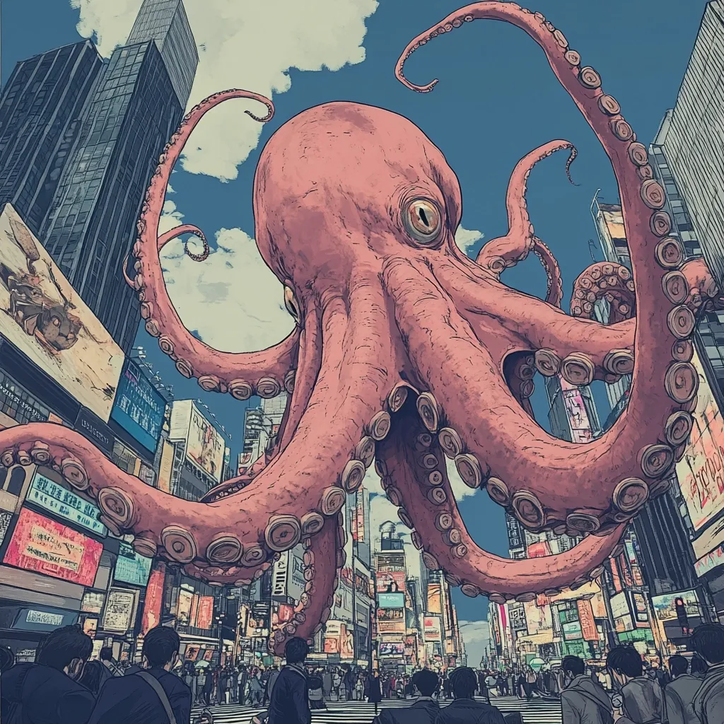 Here's a description of the image:

The illustration depicts a colossal, pinkish-red octopus looming over a bustling city street, reminiscent of Shibuya Crossing in Tokyo.  The octopus's massive tentacles extend across buildings adorned with vibrant, illuminated signs, creating a surreal juxtaposition of nature and urban sprawl.  The city is busy with pedestrians navigating the crosswalk below the giant creature. The style is a blend of graphic novel and urban illustration, with a muted color palette and detailed line work. The overall mood is one of awe and a touch of unease, suggesting a fantastical, possibly apocalyptic event.