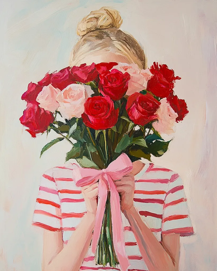 Here's a description of the image:

The painting depicts a young woman with blonde hair styled in a bun, her face obscured by a large bouquet of red and pink roses.  The roses are tied with a pale pink ribbon, which she holds gently in her hands. She's wearing a red and white horizontally striped shirt. The painting style is loose and expressive, with visible brushstrokes, giving a vibrant and slightly impressionistic feel. The background is a muted, light beige, which contrasts with the rich colors of the flowers and shirt. The overall mood is romantic and sweet.