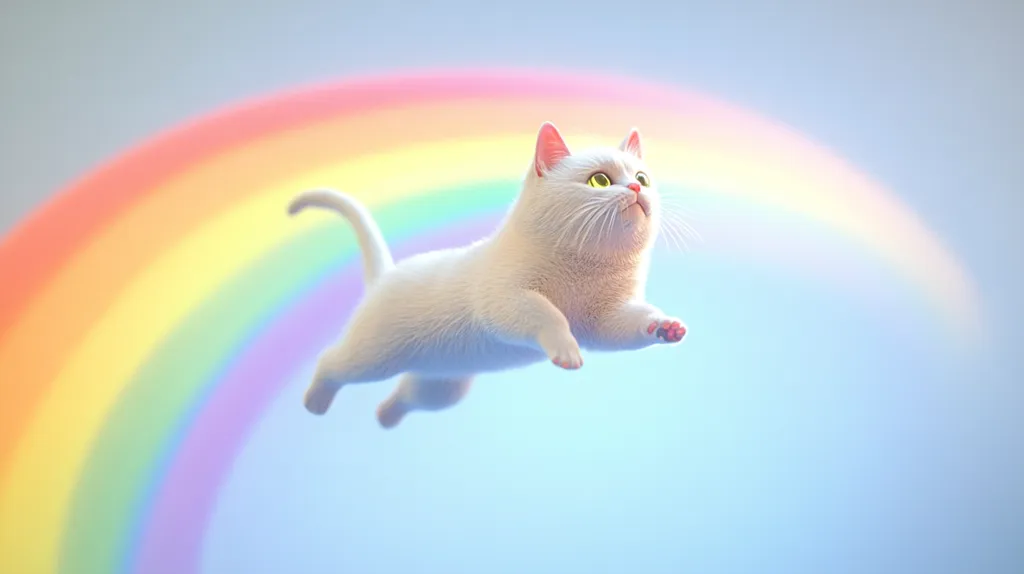 A fluffy white kitten with bright yellow-green eyes floats mid-air against a pastel rainbow backdrop.  The kitten appears to be leaping or floating effortlessly, its body slightly arched. The soft, muted colors of the scene create a whimsical, dreamlike atmosphere.  The image evokes feelings of joy, lightness, and magical wonder.