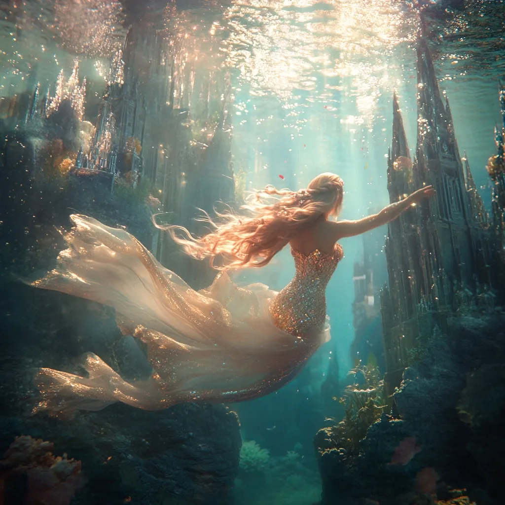 Here's a description of the image:

An ethereal underwater scene depicts a woman with long, flowing blonde hair, resembling a mermaid.  She wears a shimmering, gold-sequined gown that trails behind her as she gracefully swims.  The background showcases a breathtaking, submerged cityscape, with intricate, castle-like structures rising from the ocean floor. Light streams down from above, illuminating the scene and creating a magical, dreamlike atmosphere. The overall effect is one of fantasy and wonder.