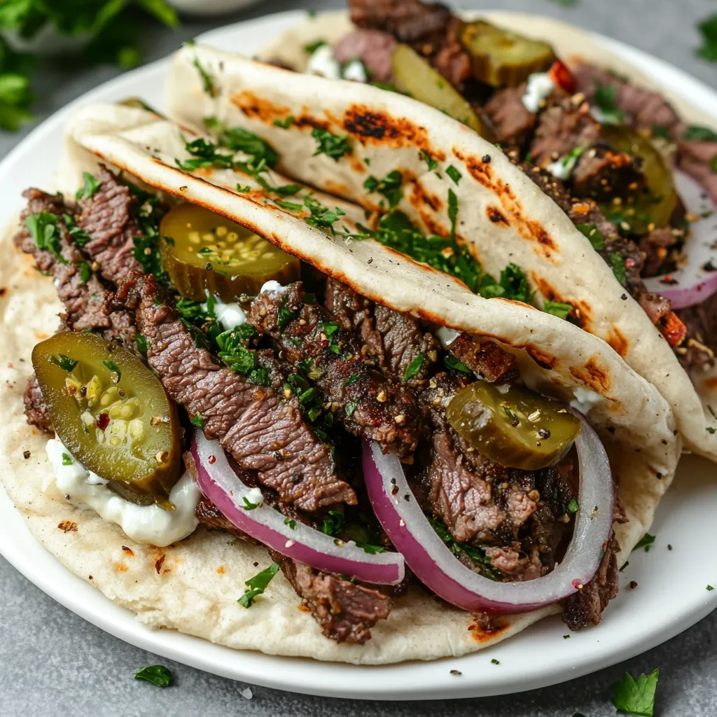 Here's a description of the image:

Close-up view of two delicious-looking steak tacos.  The warm, slightly charred flatbreads cradle generously portioned slices of seasoned steak, which appear tender and juicy.  The meat is layered with thinly sliced red onions and vibrant green pickled jalapeños. A creamy, possibly yogurt-based sauce is visible underneath, and fresh parsley adds a pop of color and freshness.  The tacos rest on a white plate, with a hint of more parsley scattered around. The overall impression is one of a flavorful and satisfying meal.