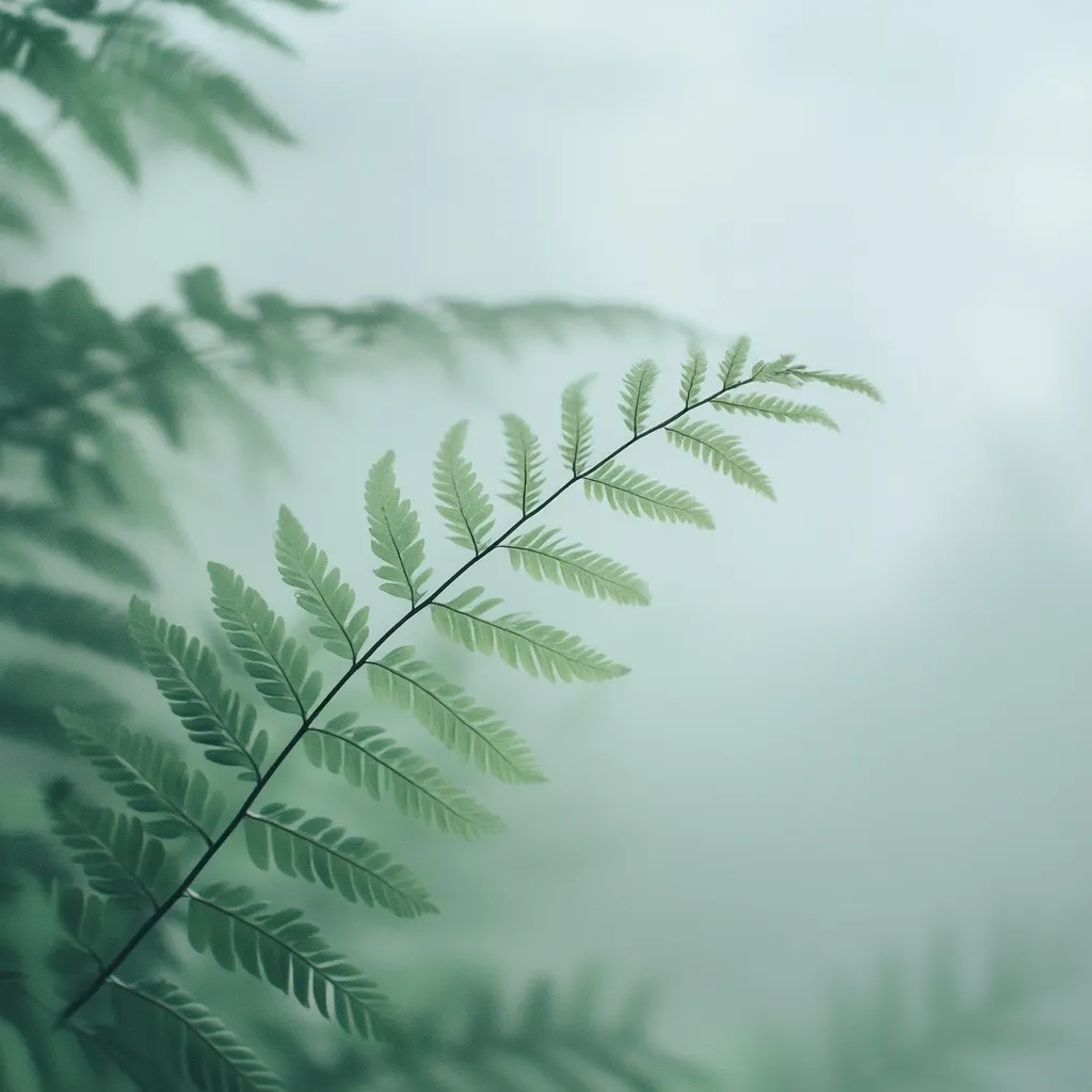 The image is a close-up shot of a single fern frond, delicately rendered against a soft, out-of-focus background.  The fern's delicate, light green leaves are sharply defined, contrasting with the hazy, muted greens and blues of the backdrop, which suggests a misty or foggy environment.  The overall effect is serene and evokes a sense of calm, emphasizing the natural beauty and intricate detail of the fern. The lighting is soft and diffused, further contributing to the peaceful mood.