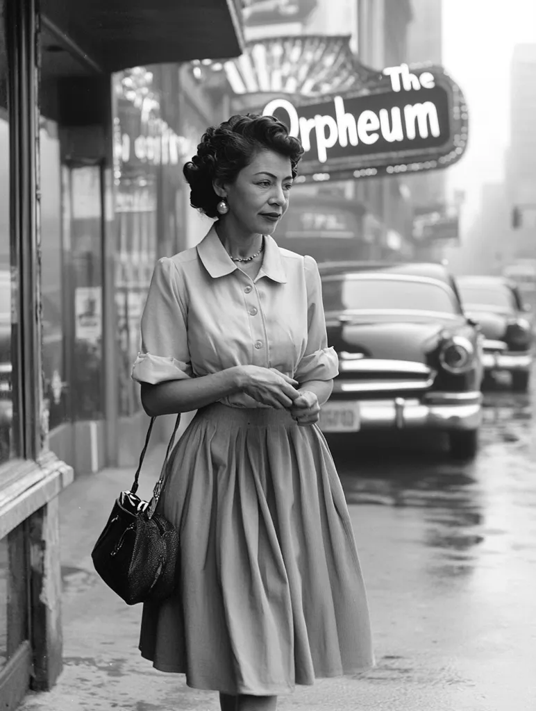 A stylish woman, her dark hair styled in a 1950s updo, walks down a city street. She is elegantly dressed in a light-colored, button-down shirt and a pleated midi skirt, carrying a structured handbag.  The backdrop features a classic car and the marquee of "The Orpheum," suggesting a theater or entertainment venue. The black and white photograph captures a moment of quiet grace in a bustling urban setting, the wet pavement hinting at a recent rain shower.  The overall mood is sophisticated and nostalgic.