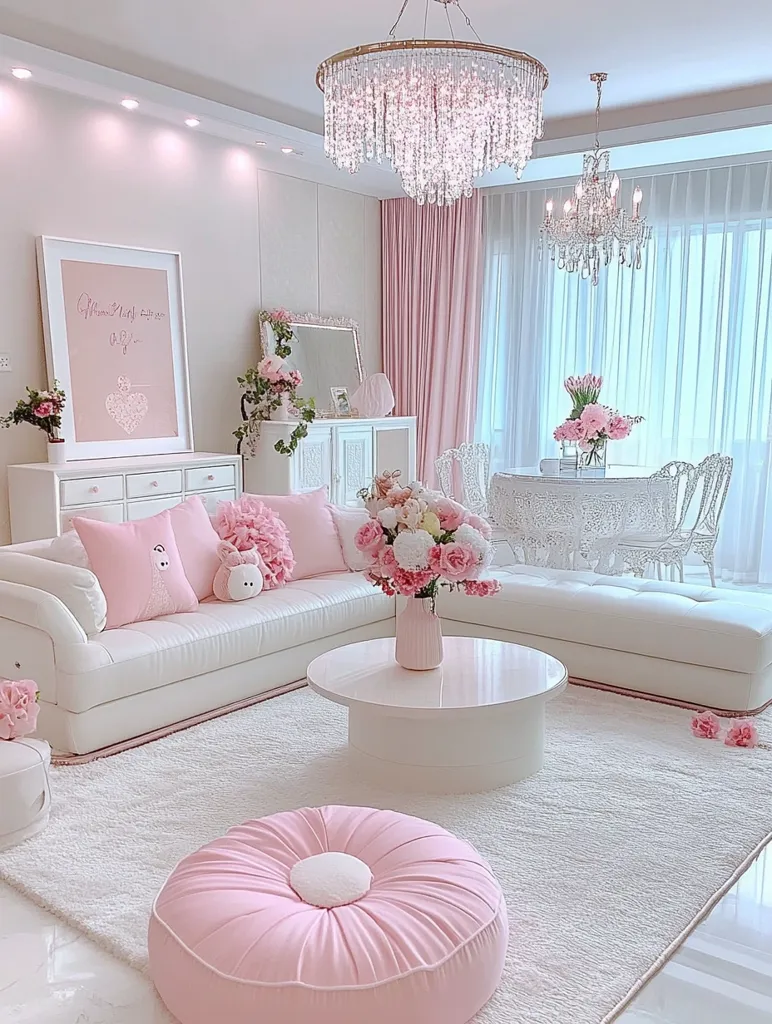 Here's a description of the image:

A luxuriously appointed living room, predominantly in shades of pink and white, is captured.  A large, white sectional sofa, adorned with pink pillows and plush toys, anchors the space. A fluffy white rug sits beneath it, contrasting with the gleaming white coffee table in the center.  Two ornate crystal chandeliers hang from the ceiling, casting a soft glow.  Pink curtains frame the large window, and pink flowers are tastefully arranged throughout the room, adding to the delicate and feminine ambiance. The overall aesthetic is one of refined elegance and romantic charm.