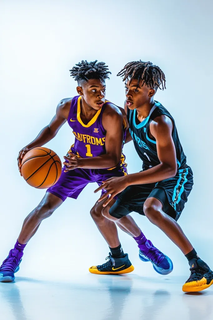 Two young, athletic basketball players, one in a purple jersey and the other in a dark teal jersey, are intensely engaged in a close-up defensive maneuver.  The player in purple dribbles the ball, while his opponent aggressively defends, their bodies intertwined. Both players sport vibrant, high-top basketball shoes and have distinctive dreadlocks. The image is sharply focused, highlighting the players' concentration and the dynamic energy of the moment. The background is a clean, light-blue studio backdrop.