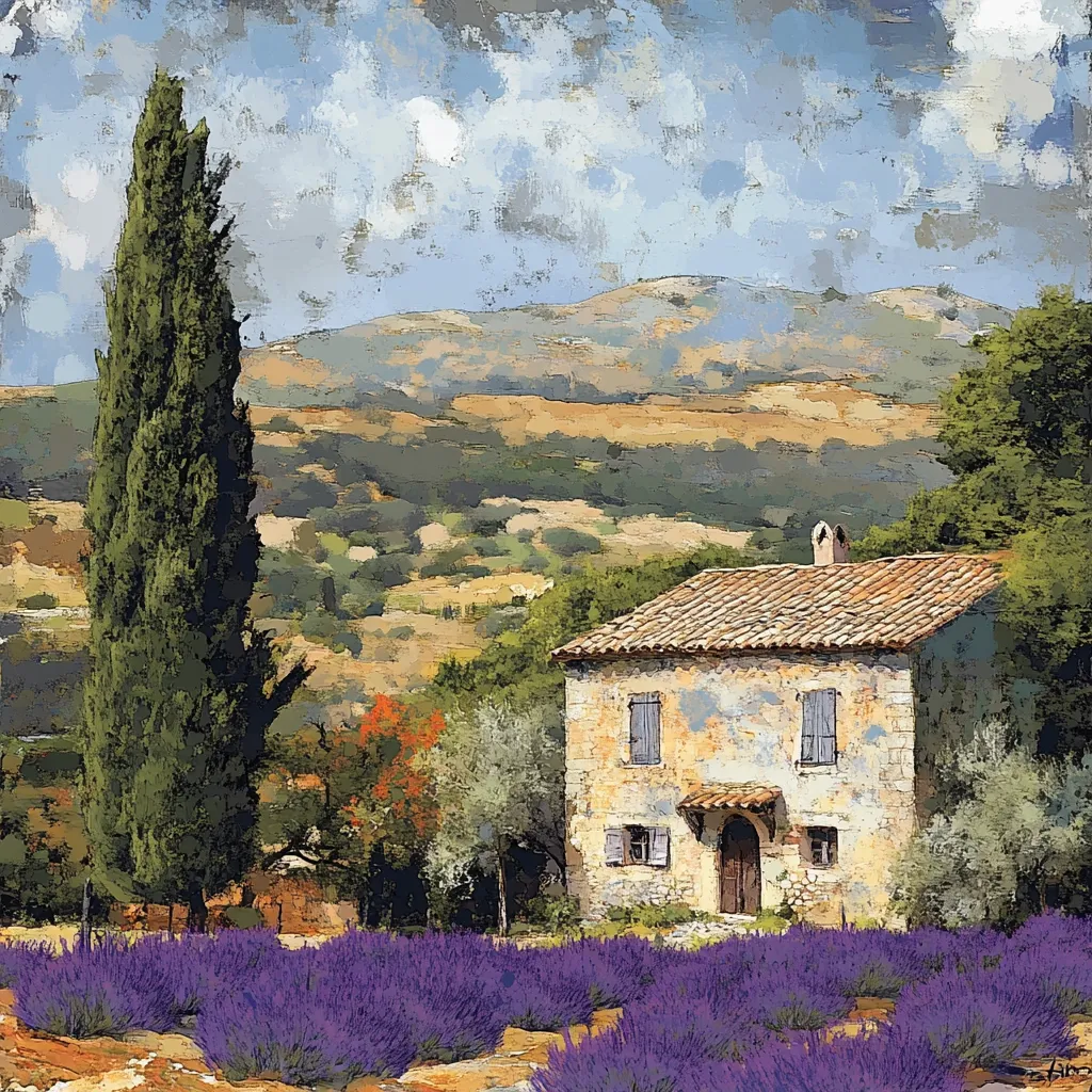 A picturesque painting depicts a rustic stone house nestled in a lavender field.  A tall, slender cypress tree stands prominently to the left.  Rolling hills, painted in warm earth tones, form the backdrop, under a partly cloudy sky.  The style is painterly, with visible brushstrokes giving texture to the landscape and house. The overall feeling is one of serenity and idyllic countryside charm.