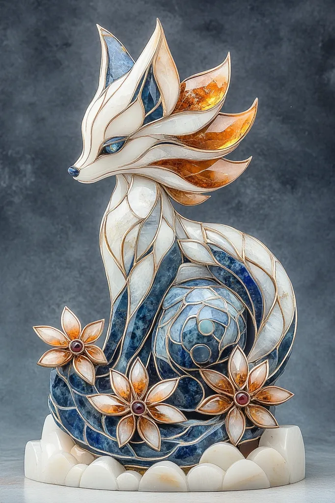 This exquisite sculpture depicts a stylized fox, seemingly crafted from various gemstones and precious metals. Its body is a breathtaking blend of white, blue, and amber hues, arranged in a flowing, almost stained-glass pattern. The fox’s tail is particularly striking, displaying a vibrant orange-amber gradient. Delicate gemstone flowers adorn its base, complementing the intricate detail and luxurious materials used in the piece. The overall effect is one of elegance and ethereal beauty, suggesting a mystical creature.