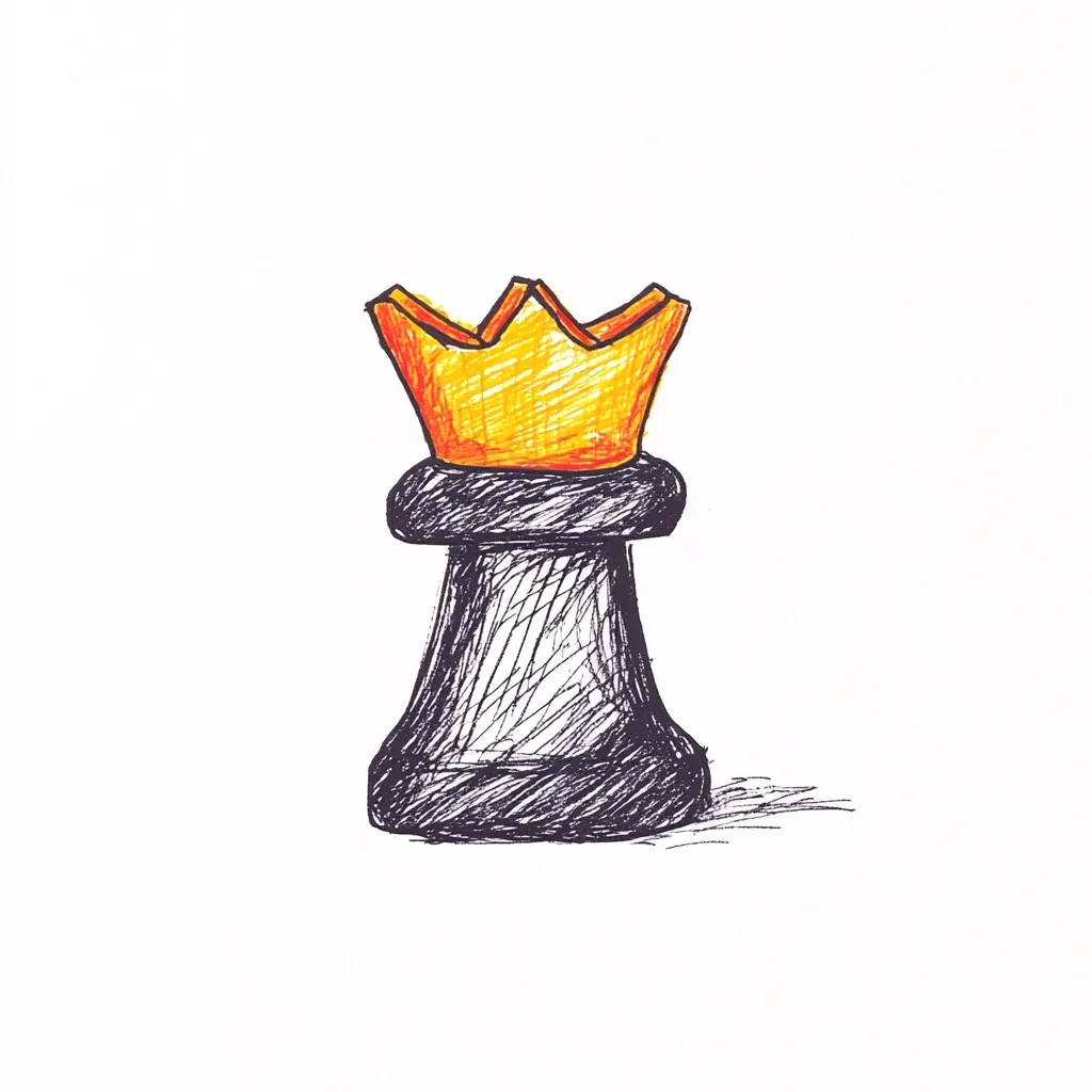 Here's a description of the image:

The drawing depicts a stylized chess queen.  The queen's base is dark gray or black, rendered with hatched lines suggesting texture and three-dimensionality.  Atop the base sits a bright, golden-orange crown, colored with a lighter shading to give it volume. The style is loose and expressive, more akin to a sketch than a precise rendering, conveying a sense of immediacy and creativity. The queen is positioned centrally on a white background, with a small, subtly drawn shadow beneath it.  The overall impression is one of simple elegance and royalty.