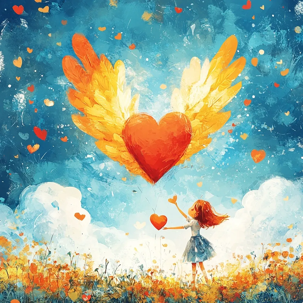 Here's a description of the image:

The artwork depicts a whimsical scene of a young girl in a field of wildflowers, reaching up towards a large, winged heart floating in a vibrant, blue sky. The heart is orange-red, with golden-yellow wings that resemble stylized feathers.  Smaller hearts drift through the air, adding to the ethereal, dreamy quality. The style is painterly and expressive, with visible brushstrokes and a slightly textured background, creating a sense of warmth and wonder. The girl's pose and the overall composition convey a feeling of joy and hopeful connection to something larger than herself.