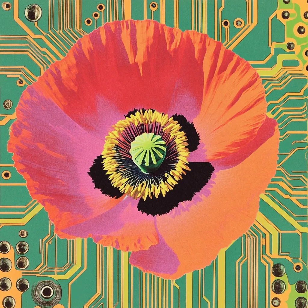 Here's a description of the image:

A vibrant, stylized poppy dominates the image, its petals a blend of orange and pink, radiating outwards from a central black and yellow pistil.  The poppy is superimposed over a teal and gold circuit board pattern, suggesting a connection between nature and technology. The colors are bold and saturated, creating a striking contrast between the organic form of the flower and the geometric precision of the circuitry. The overall effect is psychedelic and visually arresting.