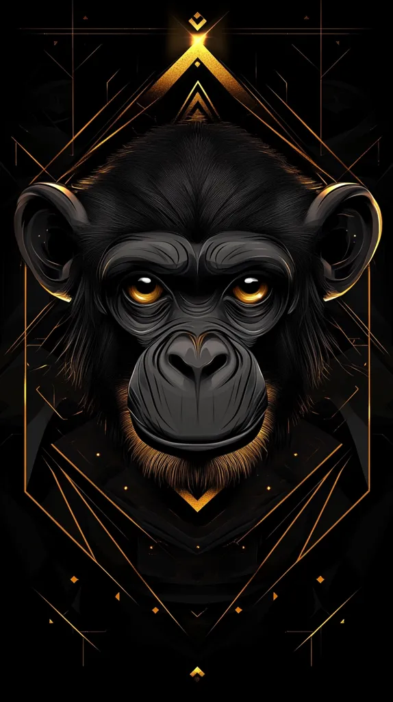Here's a description of the image:

The image is a stylized portrait of a chimpanzee's face, rendered in a dark, almost black color palette with striking gold accents. The chimpanzee's expression is serious and intense, its golden eyes captivating against the dark fur.  The artwork incorporates a geometric, almost Art Deco-inspired frame in gold, creating a sharp contrast against the dark background.  The overall effect is one of sophisticated power and mystery, with the primate’s image centrally positioned and emphasized by the graphic design.
