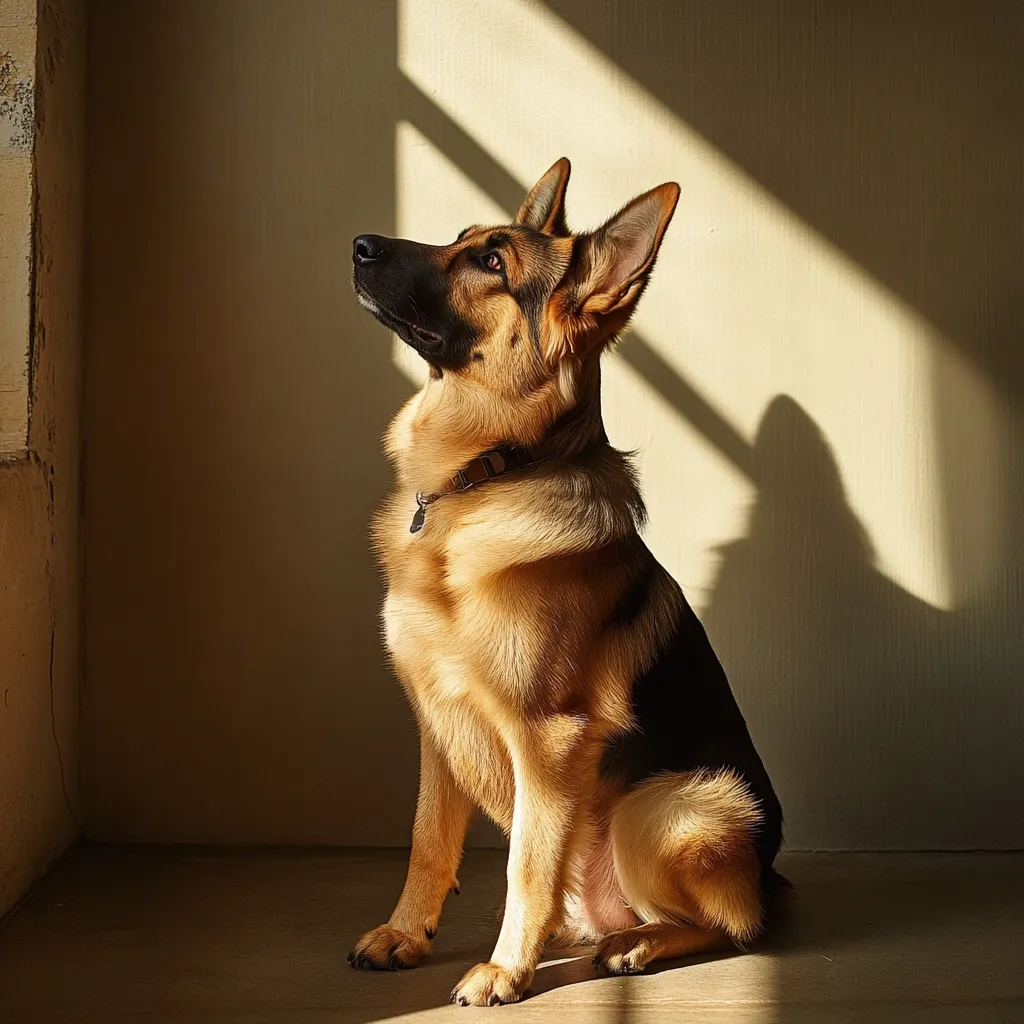 A German Shepherd dog sits attentively, bathed in sunlight streaming through a window.  Its rich, sable coat is highlighted by the warm light, casting a strong shadow on the pale wall behind it. The dog is looking upward, its expression alert and focused.  The overall mood is calm and serene, emphasizing the beauty of the animal and the play of light and shadow.