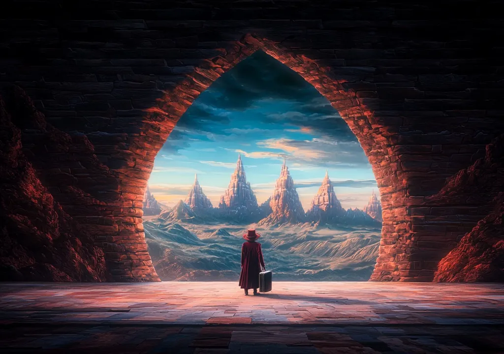 A lone figure, clad in a long red coat and hat, stands before a large arched opening in a stone structure.  They hold a suitcase, gazing out at a breathtaking vista of fantastical, towering mountains under a serene, colorful sky. The scene is surreal and evocative, suggesting a journey into a magical, unknown land. The contrast between the dark, enclosed space and the bright, expansive landscape emphasizes the sense of anticipation and adventure.