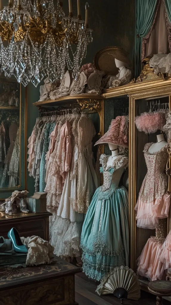 A luxurious antique wardrobe overflows with delicate, pastel-colored gowns and accessories.  Rows of dresses in varying shades of pink, blue, and white hang from ornate gold hangers.  Mannequins display elaborate hats and intricately detailed ballgowns.  A large crystal chandelier casts a soft glow on the scene, enhancing the opulent atmosphere.  The room's rich, dark tones contrast beautifully with the light colors of the clothing, creating a visually stunning display of old-world elegance.  A pair of teal high heels sits on a nearby table.