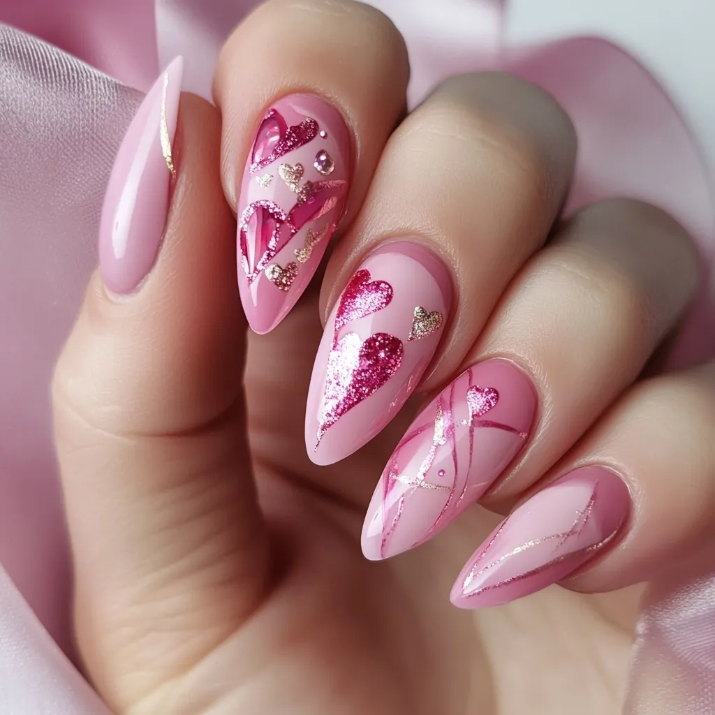 Close-up view of a hand showcasing a stylish manicure.  Five almond-shaped nails are adorned with a pink base, accented by glitter hearts and delicate gold lines. The design is romantic and playful, perfect for Valentine's Day or any special occasion.  One nail features a subtle gold accent. The overall effect is sophisticated and feminine.