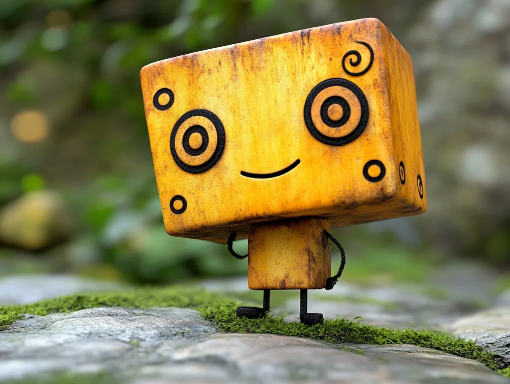 Here's a description of the image:

A charming, rustic wooden robot stands on a mossy rock.  Its boxy head and body are a faded yellow, appearing weathered and aged.  Simple, hand-drawn features—concentric circles for eyes, a small smile, and swirling details—add to its handcrafted charm.  The robot has tiny, dark legs, giving it a whimsical, almost endearingly clumsy posture. The blurred background suggests an outdoor setting, with lush green foliage adding to the image's organic feel. The overall aesthetic blends the artificial with the natural, creating a sense of peaceful curiosity.