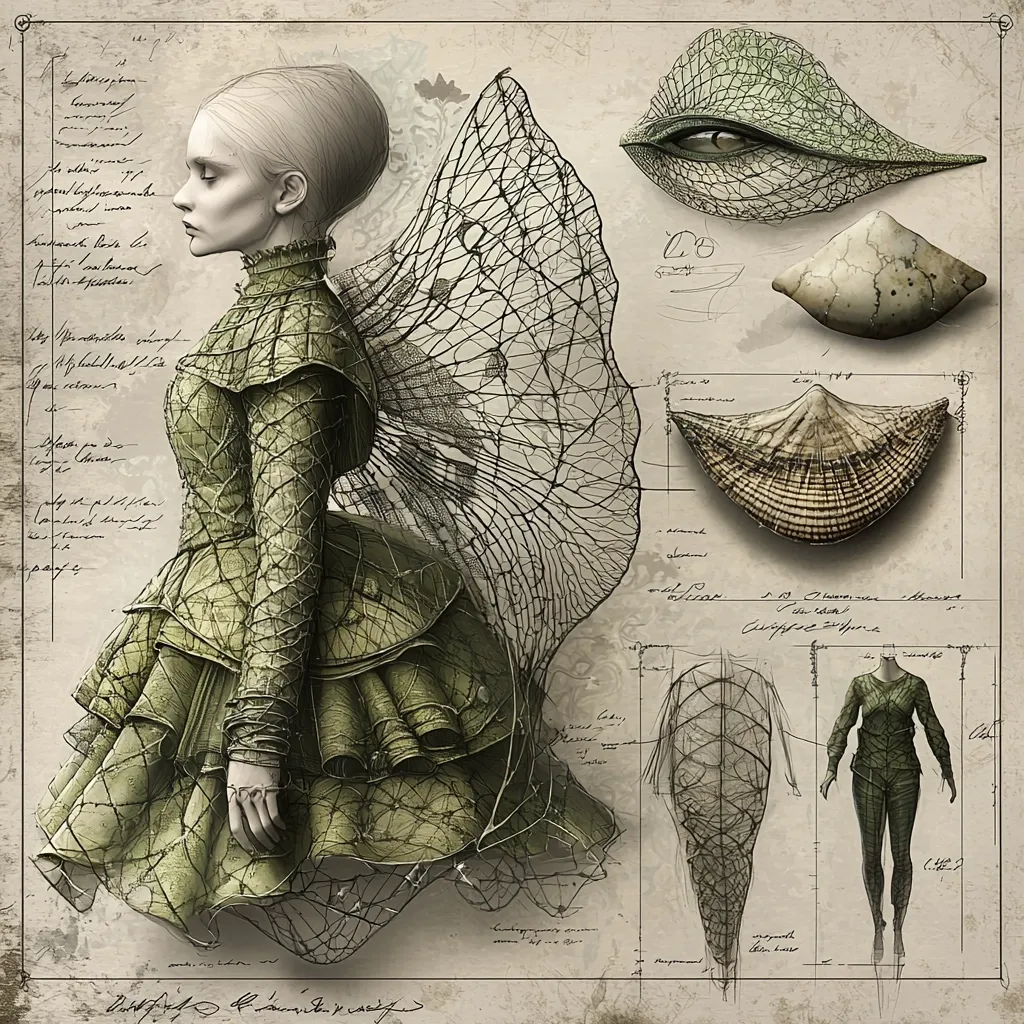 The image is a detailed artistic rendering resembling a vintage botanical illustration or design schematic. It features a pale, elegant woman in a green, Victorian-style gown adorned with intricate, web-like detailing.  Her wings are crafted from the same delicate, skeletal material.  Accompanying diagrams illustrate the design's components, including close-ups of wing structures and a full-body figure in the same style, suggesting a design for a fantastical creature or costume. The background is aged parchment with handwritten notes and sketches, enhancing the antique feel.