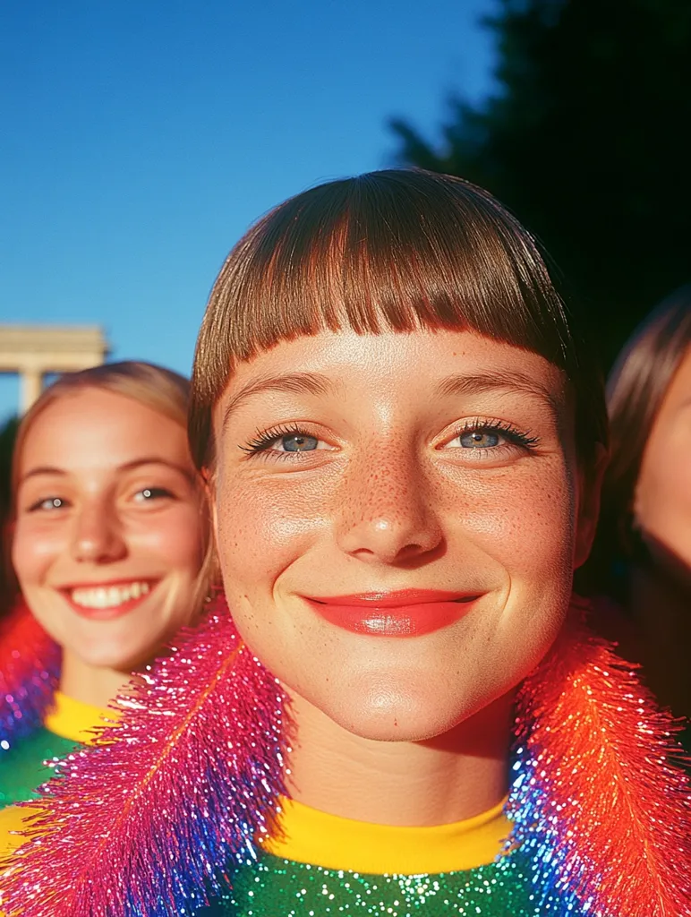 Here's a description of the image:

Close-up view of a young woman with a straight fringe, light skin, and freckles, smiling brightly. She's wearing a vibrant, glittery rainbow boa around her neck and a green, sparkly shirt. Two other women with fair skin are visible in the background, partially obscured, also wearing rainbow boas. The background suggests an outdoor setting, possibly a festive event, with a hint of a building and foliage visible. The overall mood is cheerful and celebratory. The lighting is bright, suggesting a sunny day.