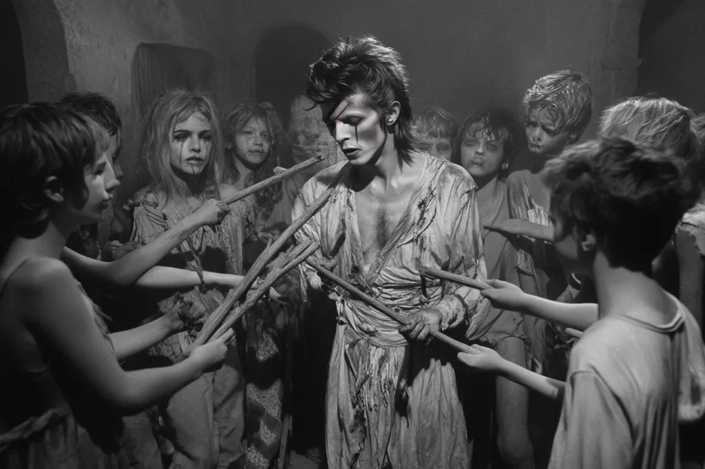 Here's a description of the image:

A black and white, film-still-like photograph depicts a scene centered around a man, possibly David Bowie, with a striking, pale face and dark, styled hair.  He's dressed in a ragged, light-colored robe, appearing distressed. Surrounding him are numerous children, also dressed in tattered clothing, holding long, thin sticks pointed towards the central figure. The overall atmosphere is somber and slightly menacing, suggesting a narrative of possible conflict or ritual.  The setting appears dark and aged, possibly a decrepit building or ruin.