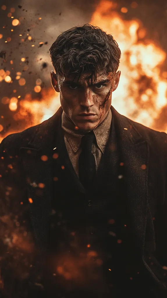 Here's a description of the image:

The image shows a young man, possibly in his twenties, with dark, short hair styled in a 1920s fashion. He is dressed in a dark suit and tie, suggesting a period piece setting. His face is intense, with a serious expression, and he has visible cuts or bloodstains on his cheek. The background is a fiery inferno of orange and red, with sparks and embers flying. The contrast between the man's dark attire and the bright flames creates a dramatic effect. The overall mood is one of intense action or conflict, suggesting a scene from a gangster film or historical drama.