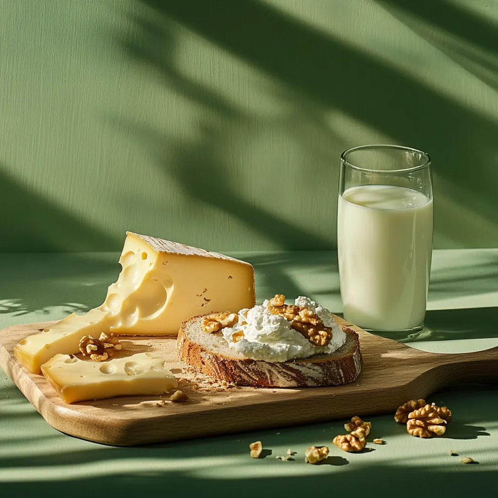 Here's a description of the image:

A rustic still life is presented, bathed in the warm glow of sunlight filtering through a window.  A wooden cutting board holds a piece of Emmental cheese, a slice of bread topped with creamy cheese spread and walnuts, and additional cheese pieces. A glass of milk stands nearby, completing the simple yet appealing composition. The muted green background enhances the natural tones of the food, creating a tranquil and inviting scene.  Scattered walnuts add a touch of rustic charm to the surface.  The overall mood is one of calmness and wholesome goodness.
