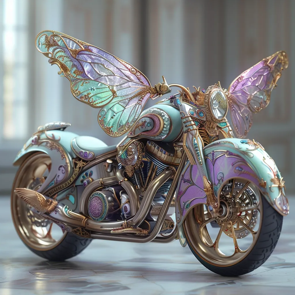 A fantastical custom motorcycle is depicted, adorned with iridescent butterfly wings extending from its handlebars. The bike's body is a pastel teal, embellished with gold filigree, intricate designs, and jewel-toned accents.  The wheels are large and gold-rimmed, complementing the overall ornate and whimsical aesthetic. The image suggests a blend of steampunk and fantasy elements, creating a unique and eye-catching design. The motorcycle rests on a polished floor, highlighting its detailed craftsmanship.