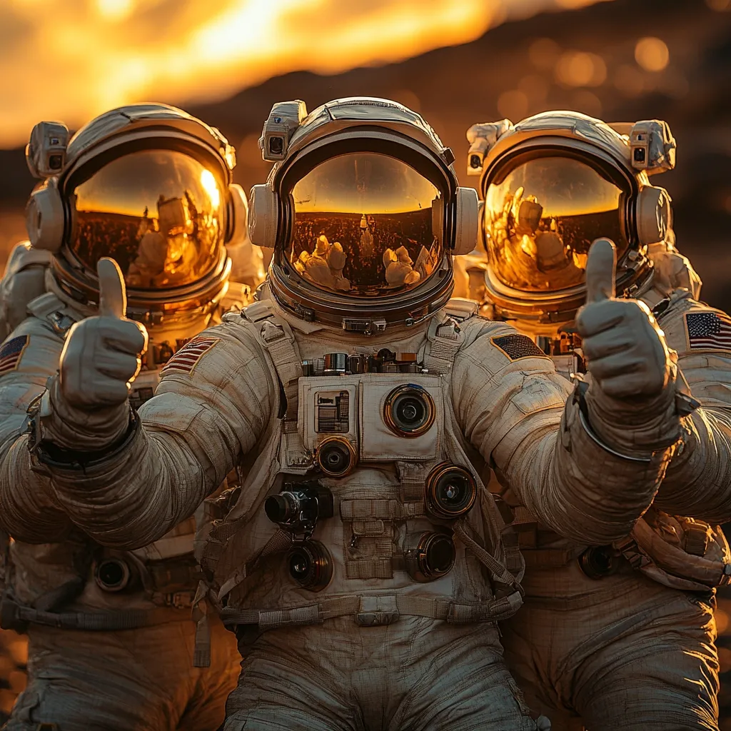 Three astronauts, clad in beige spacesuits, stand shoulder-to-shoulder against a backdrop of a fiery sunset on a desolate landscape.  Each astronaut displays a thumbs-up gesture, suggesting success or approval.  Their helmets reflect the vibrant orange and yellow hues of the sky, adding to the dramatic scene.  The image evokes a sense of exploration and achievement in a harsh, extraterrestrial environment.
