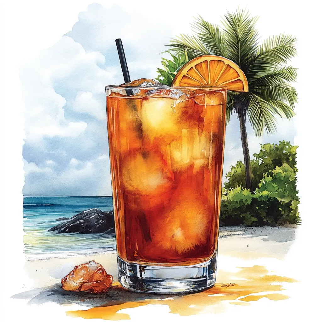 Here's a description of the image:

A watercolor painting depicts a tall glass of iced tea, garnished with an orange slice and a black straw.  The drink is amber-colored and filled with ice cubes. It sits on a sun-drenched beach, with a palm tree and tranquil ocean in the background.  A small piece of brown sugar rests on the sand near the base of the glass. The overall style is vibrant and evocative of a tropical vacation.  The sky is partly cloudy, adding depth to the scene.