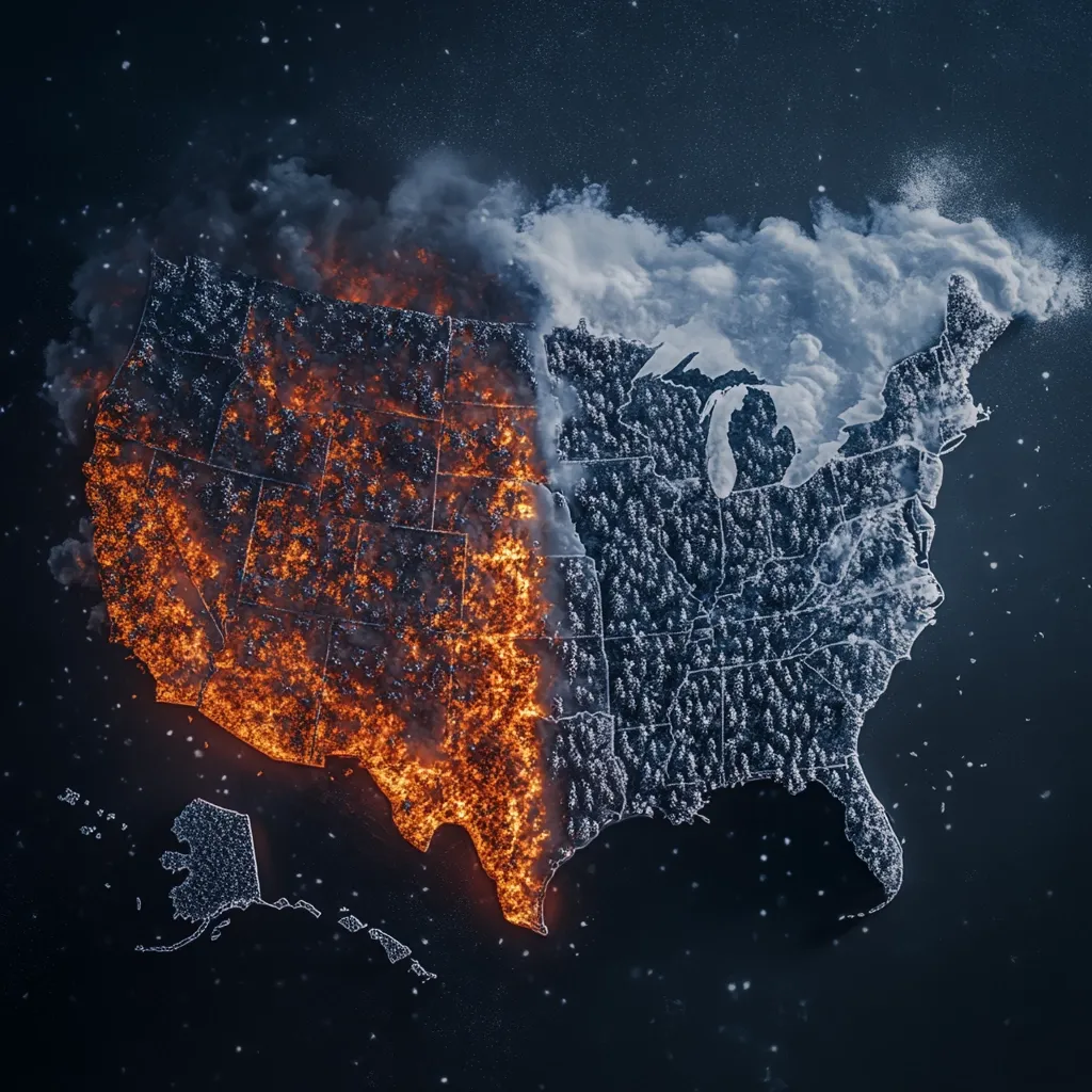 Here's a description of the image:

The image is a stylized map of the contiguous United States, depicted as a stark contrast between fire and ice.  The western half of the country is engulfed in intense flames, representing wildfires, while the eastern half is covered in a layer of snow and ice, suggesting extreme cold.  The transition between the two extremes is sharp and dramatic. The overall effect is a visually striking representation of contrasting weather phenomena and potentially, the effects of climate change on the nation.  A dark, space-like background enhances the visual impact.