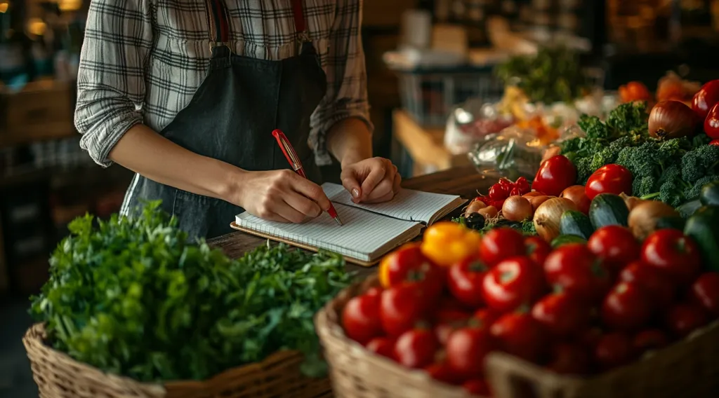 A person wearing a plaid shirt and apron meticulously writes in a notebook.  Their hands hold a red pen, focused on the task at hand.  Surrounding them are baskets overflowing with fresh produce: vibrant red tomatoes, bunches of green herbs, and various other vegetables. The setting appears to be a bustling, well-stocked market or farm stand, suggesting inventory or order taking. The overall image evokes a sense of fresh, local produce and meticulous record-keeping.