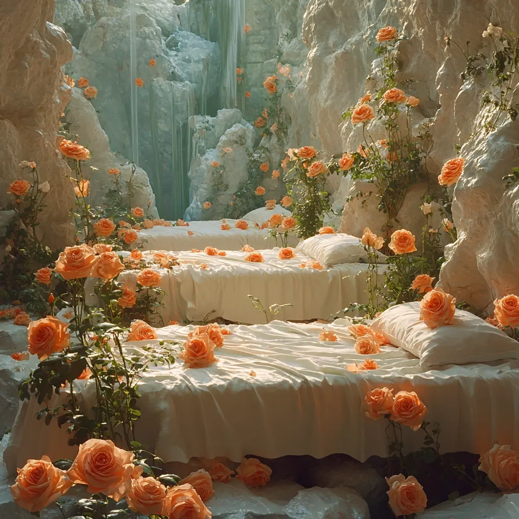 Two pristine white beds are nestled within a breathtaking, cavernous setting.  Pale, textured rocks form the walls, a gentle waterfall flows in the background, and the beds are lavishly adorned with numerous peach-colored roses, both scattered across the bedding and blooming abundantly from lush vines surrounding the scene.  The overall ambiance is serene, romantic, and dreamlike.
