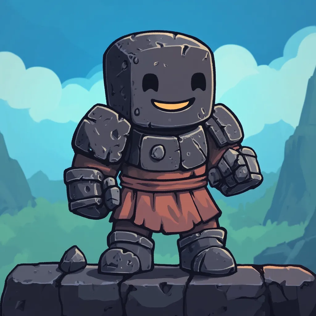 Here's a description of the image:

The illustration shows a cartoonish, cube-shaped stone golem.  It's clad in dark grey stone armor, a reddish-brown kilt, and boasts a cheerful, simple smile.  The golem stands on a rocky outcrop overlooking a stylized landscape of soft green hills and a light blue sky with fluffy clouds.  A small piece of rock sits near the golem's feet on the ledge. The art style is reminiscent of video game character design, with bold outlines and a slightly muted color palette.