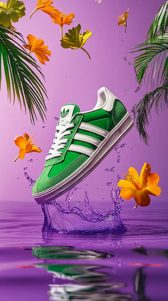 A vibrant green Adidas Samba sneaker, with white stripes and laces, splashes into purple water.  Orange hibiscus flowers and lush green palm fronds float around it against a purple backdrop.  The image is stylized, with a surreal, almost dreamlike quality, emphasizing the contrast between the shoe, the flowers, and the liquid.  The reflection of the shoe is visible in the water below.