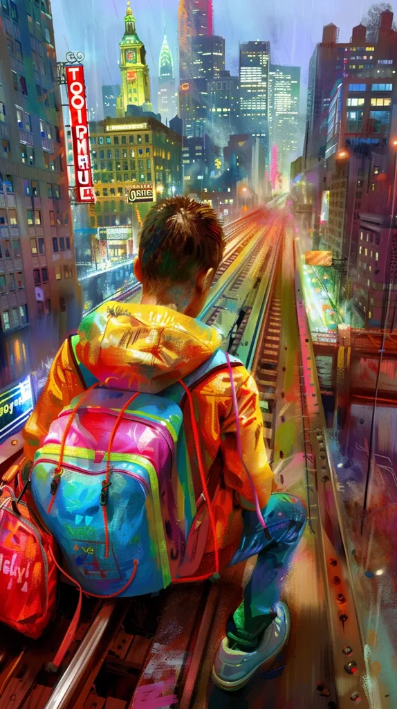 Here's a description of the image:

The vibrant artwork depicts a young person, back turned, sitting on elevated train tracks in a bustling, futuristic city. They wear a bright, multicolored raincoat and a similarly hued backpack. The cityscape behind is a kaleidoscope of tall buildings, with a clock tower prominently featured. The train tracks stretch towards a bright, almost ethereal, horizon. The overall style is dynamic and highly saturated, suggesting a blend of realism and fantasy, with an emphasis on bold colors and energetic lines.  The scene conveys a sense of urban adventure and youthful exploration.