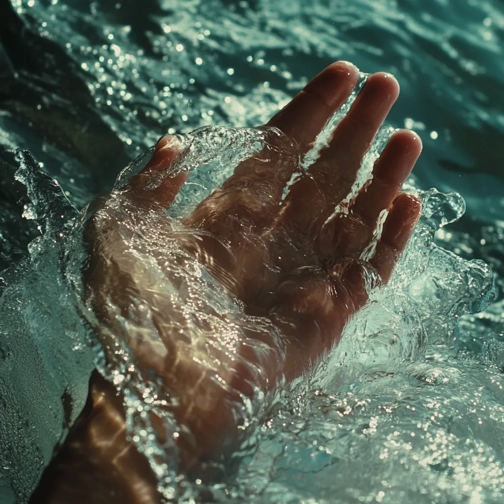 A close-up captures a hand submerged in turquoise water, the liquid cascading around it in a mesmerizing dance of light and texture.  The water's surface shimmers, reflecting sunlight as it clings to the skin, creating a sense of coolness and fluidity. The image evokes a feeling of serenity and the refreshing nature of water.  The contrast between the dark, sun-kissed hand and the vibrant water is striking.