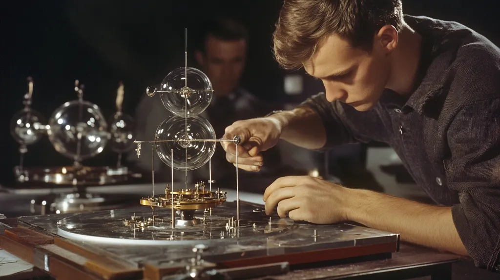 Here is a description of the image:

The photograph shows a young man meticulously working on a complex, multi-layered, glass and brass apparatus.  He's intensely focused, leaning over the device which rests on a glass-topped work surface. The model features several interconnected spheres of glass, held together by a framework of thin, golden rods.  A blurred figure in the background suggests a workshop or laboratory setting, indicating a collaborative or scientific context.  The image is sharply focused on the man and his work, highlighting the precision and detail involved in his task. The overall impression is one of careful craftsmanship and scientific investigation.