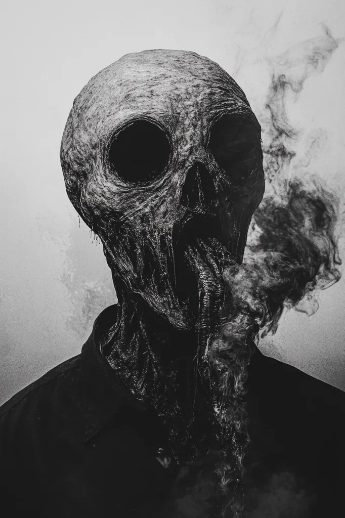 Here's a description of the image:

The monochromatic image presents a close-up of a horrifying figure, its face resembling a decaying skull with deeply sunken eyes and a gaping mouth.  The skin is textured, appearing wrinkled and desiccated, suggesting extreme age or decomposition.  Thick, dark smoke billows from its mouth, obscuring its lower features and adding to its unsettling aura. The figure is clad in dark clothing, further emphasizing the somber and macabre tone.  The background is a simple, light gray, drawing all attention to the creature's grotesque form.  The overall effect is one of dread and unease.