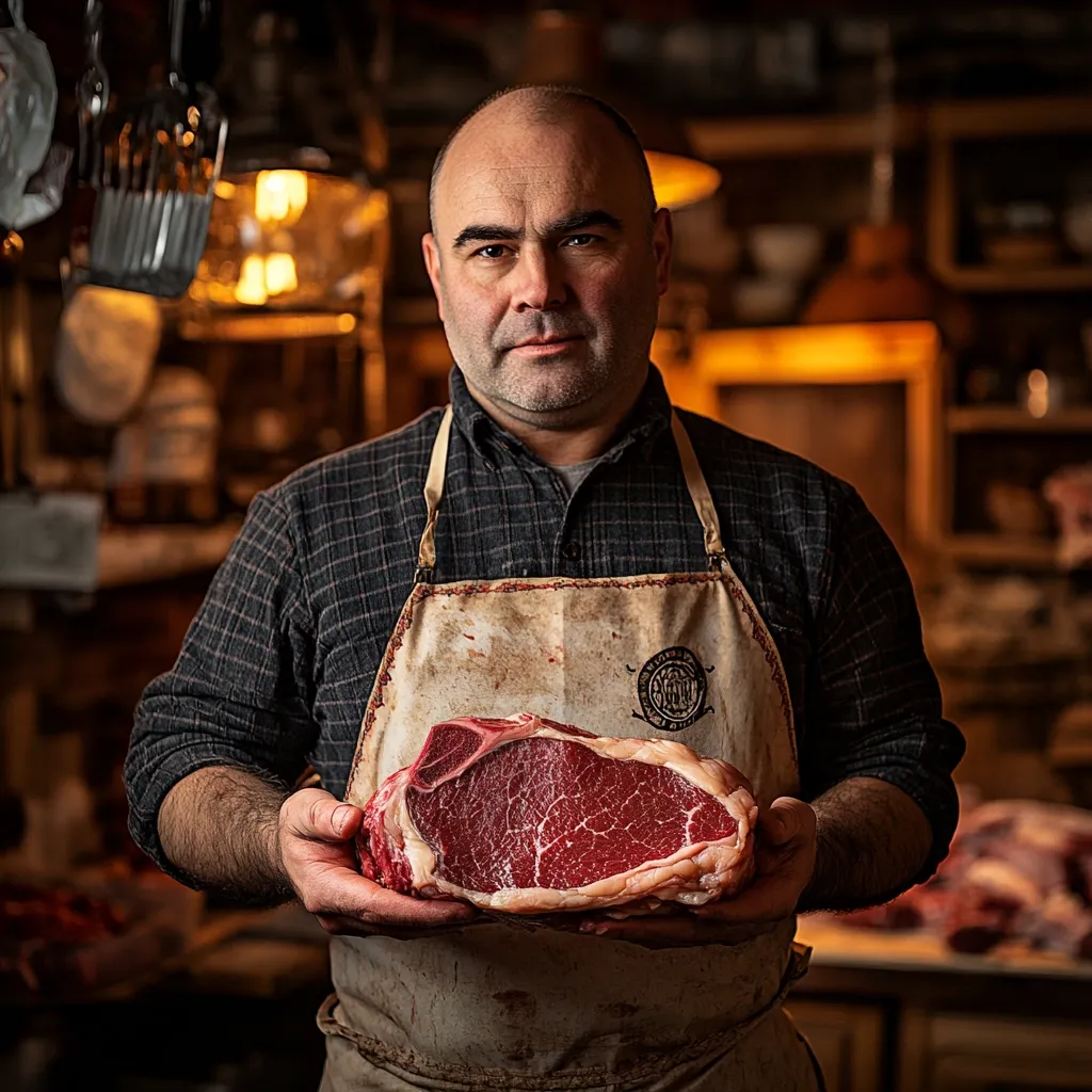A middle-aged butcher, bald with a serious expression, stands in his shop. He's wearing a stained apron, showcasing a large, raw ribeye steak. The dimly lit background reveals shelves stocked with meat and butchering tools, creating an atmosphere of traditional craftsmanship and expertise. The image emphasizes the quality of the meat and the pride of the butcher in his work.  The overall tone is dark and rustic, highlighting both the meat and the man.