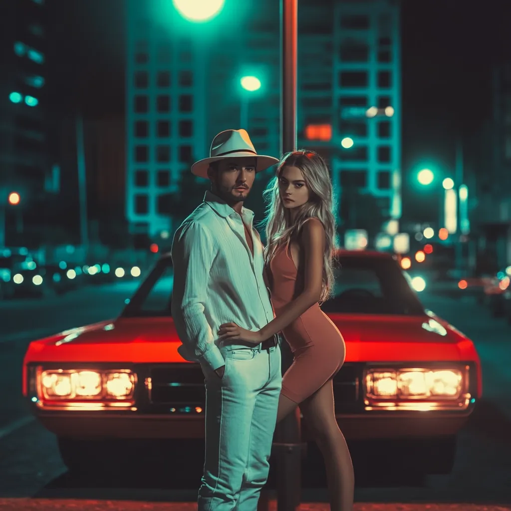 A stylish couple poses in front of a classic red car at night. The man, wearing a white shirt and cream pants and a fedora, stands with his hand in his pocket.  The woman, in a peach-colored mini dress, leans against him, her hand resting on his waist. The vibrant city lights create a moody, atmospheric backdrop.  The image evokes a sense of retro glamour and romance.
