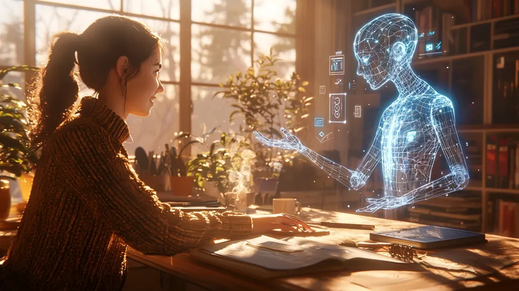 Sunlight streams through a window onto a young woman sitting at a wooden desk.  She interacts with a holographic, wireframe figure floating before her. The figure, resembling a human, gestures with a translucent hand, accompanied by floating digital icons. The scene suggests a futuristic interaction between human and artificial intelligence, possibly in a home office setting.  The warm lighting and peaceful atmosphere create a contemplative mood.