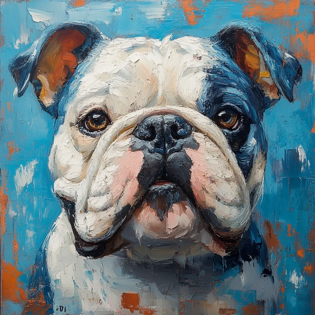 Here is a description of the image:

The painting is a close-up portrait of a bulldog, rendered in a vibrant impasto style. The dog's face dominates the canvas, its expression a blend of seriousness and gentle curiosity. The artist uses thick, textured brushstrokes, particularly noticeable in the dog's fur, giving the piece a three-dimensional quality.  The bulldog's coloring is predominantly white with dark bluish-grey patches, notably around its eyes and ears. The background is a textured blue with hints of orange and brown, providing a contrast to the dog's lighter fur. The overall style is expressive and modern, emphasizing texture and color over strict realism.