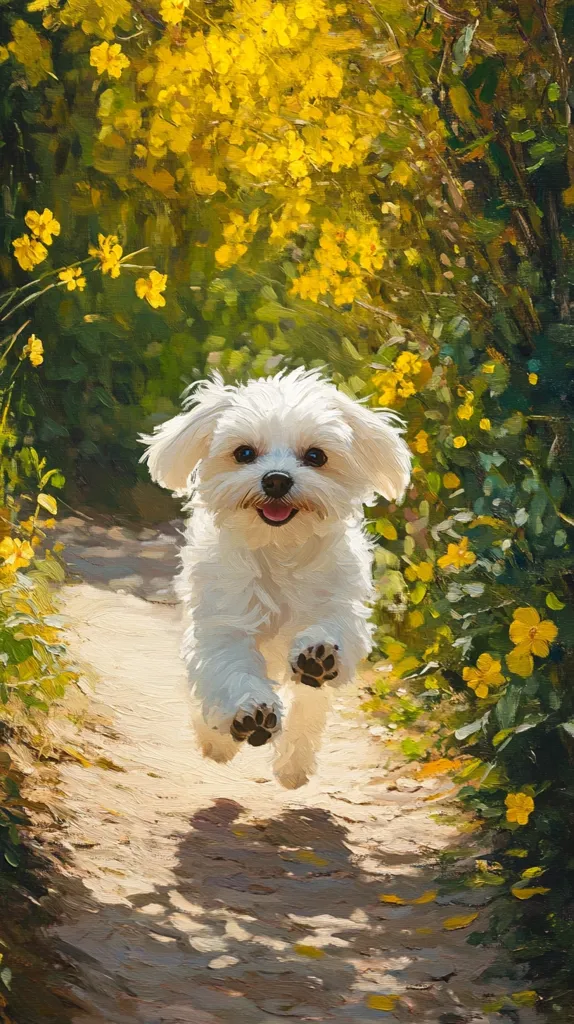 A joyful white Maltese dog runs towards the viewer down a sun-dappled path.  Bright yellow wildflowers border the path, creating a vibrant, idyllic scene.  The dog's fluffy fur and happy expression are captured in a painterly style, with visible brushstrokes contributing to a warm, cheerful mood. The sunlight filters through the foliage, casting shadows on the path ahead. The overall image is one of carefree happiness and the beauty of nature.