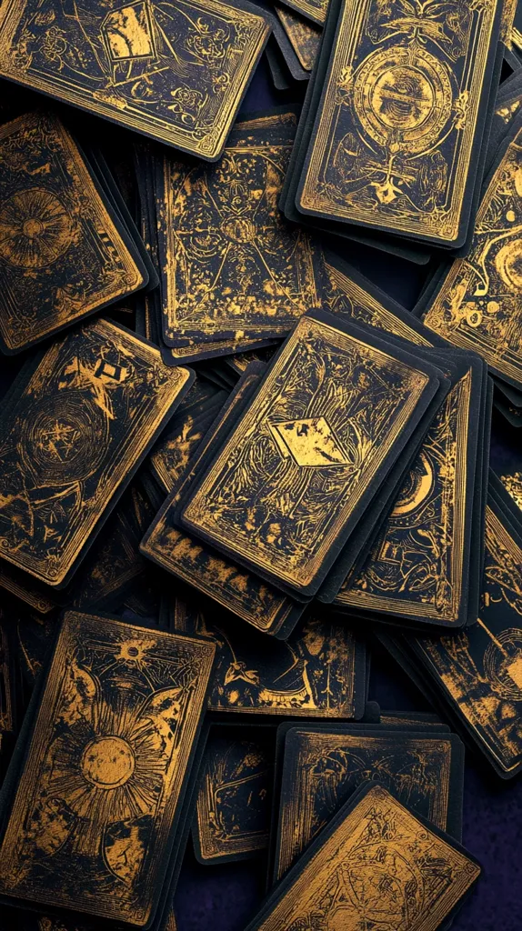 A pile of tarot cards, dark black with gold detailing, are artfully arranged.  Each card showcases intricate, etched designs, possibly depicting celestial bodies, symbols, and figures. The gold foil, showing signs of wear or a distressed effect, adds to their antique or mystical aesthetic. The deep navy background emphasizes the cards' golden luster. The overall image evokes a sense of mystery and fortune-telling.