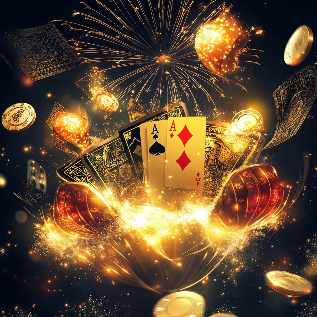 Here's a description of the image:

The image is a vibrant, dynamic depiction of gambling.  A pair of aces, the highest hand in many card games, takes center stage, surrounded by a dazzling explosion of gold and light.  Playing cards, poker chips, and dice are scattered amidst golden sparks, resembling fireworks.  The overall aesthetic is luxurious and celebratory, suggesting the thrill and excitement of a big win.  The dark background contrasts sharply with the bright, glittering elements, drawing the viewer's eye to the central cards and chips.  The scene evokes a feeling of opulence and high stakes.